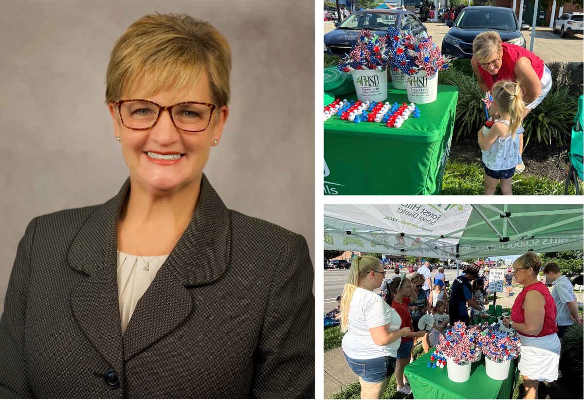 collage of photos including Suzanna Davis headshot and handing out prizes at a parade
